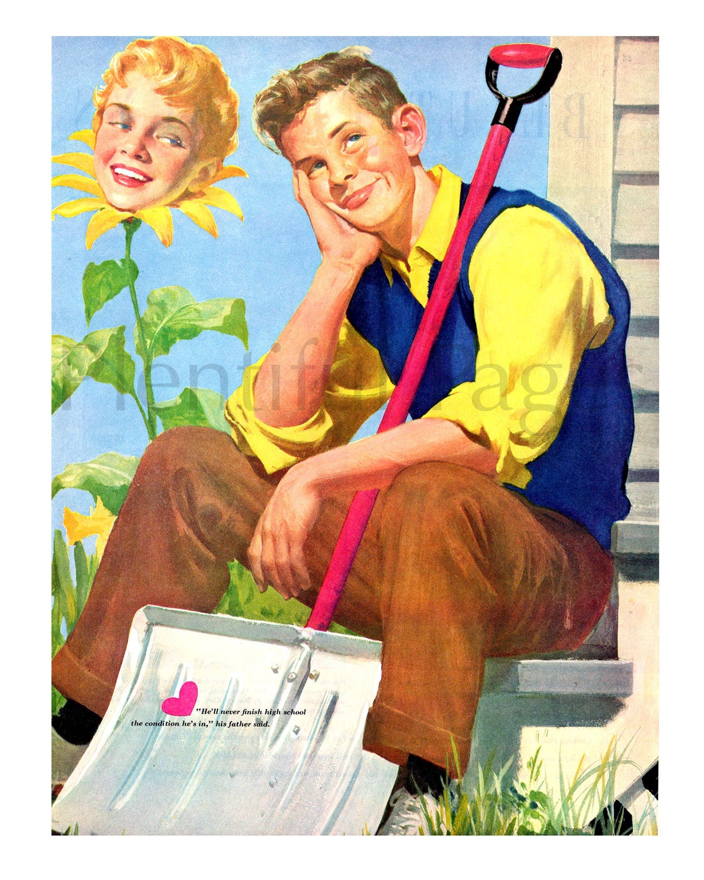 1950s Magazine Illustration, Young Love, Story Art (10.5x13.5 In