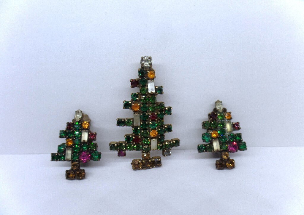 Vintage Weiss Christmas Tree Brooch Earring Set 1950's Costume