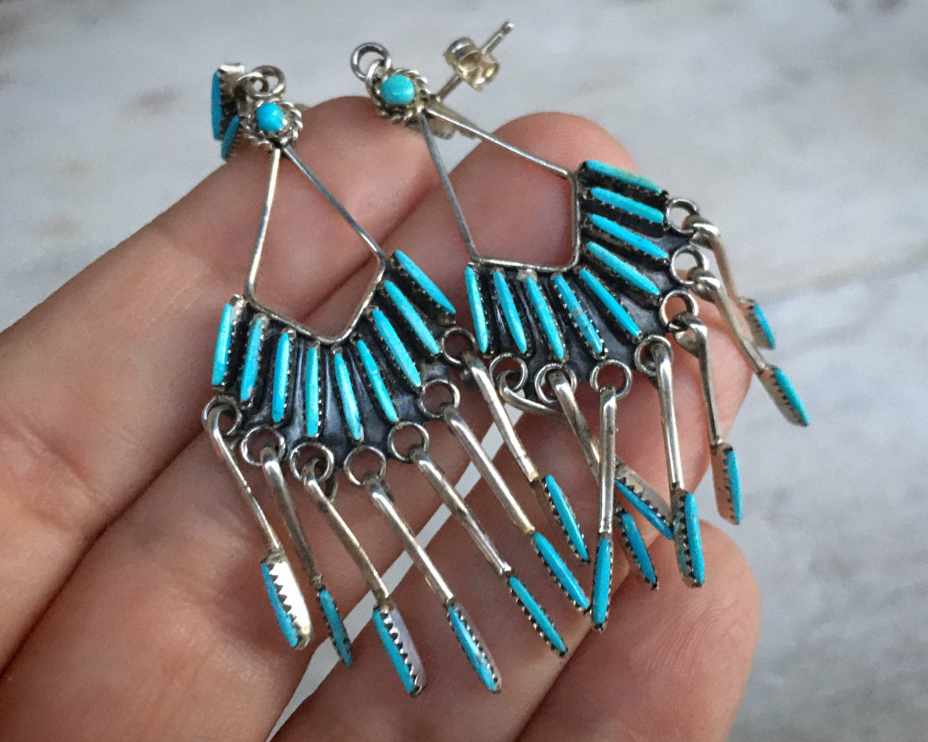 2-1/2 Zuni Needlepoint Turquoise Earrings, Native American Indian