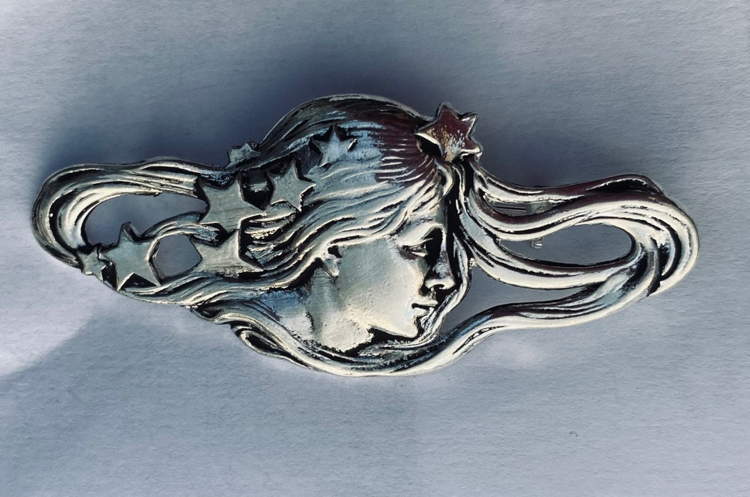 Virgo Lady's Head With Stars Brooch / Pin Art Nouveau Style Silver