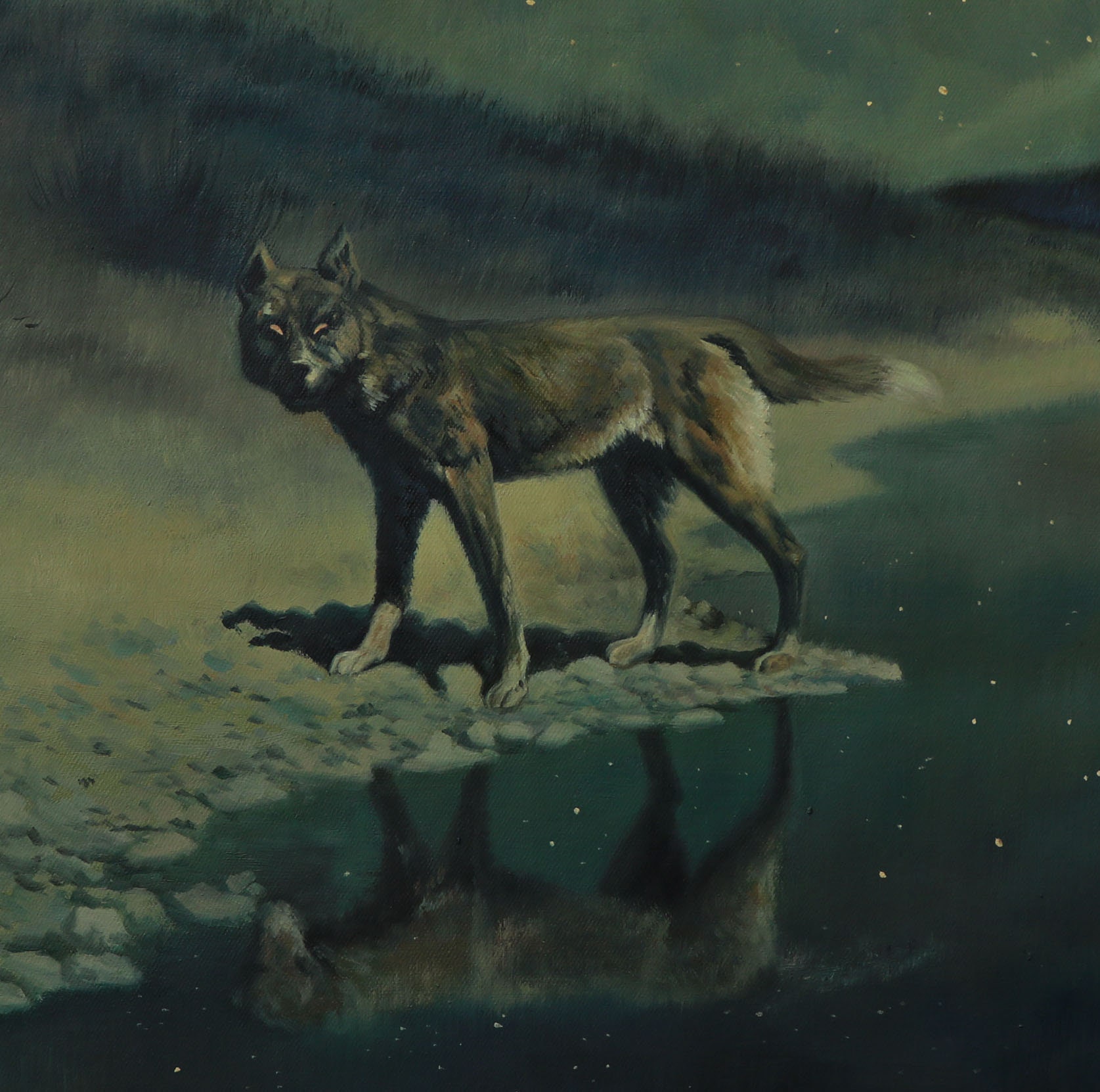 月光、狼 - フレデリック・レミントン手描き油絵複製、目を細めた
