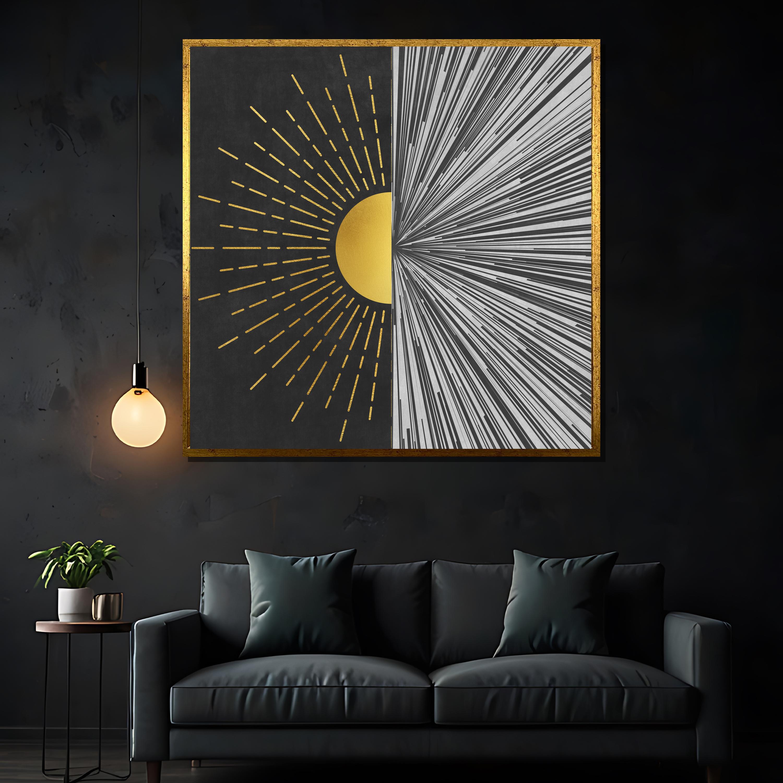 Golden Sunburst Abstract Canvas Painting - Modern Black and White