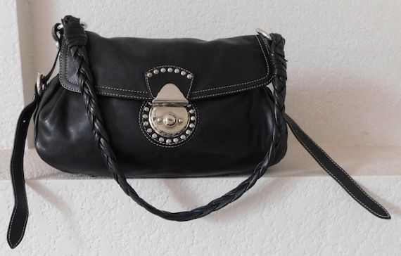 Francesco Biasia Vintage Soft Black Leather Shoulder Bag/footed