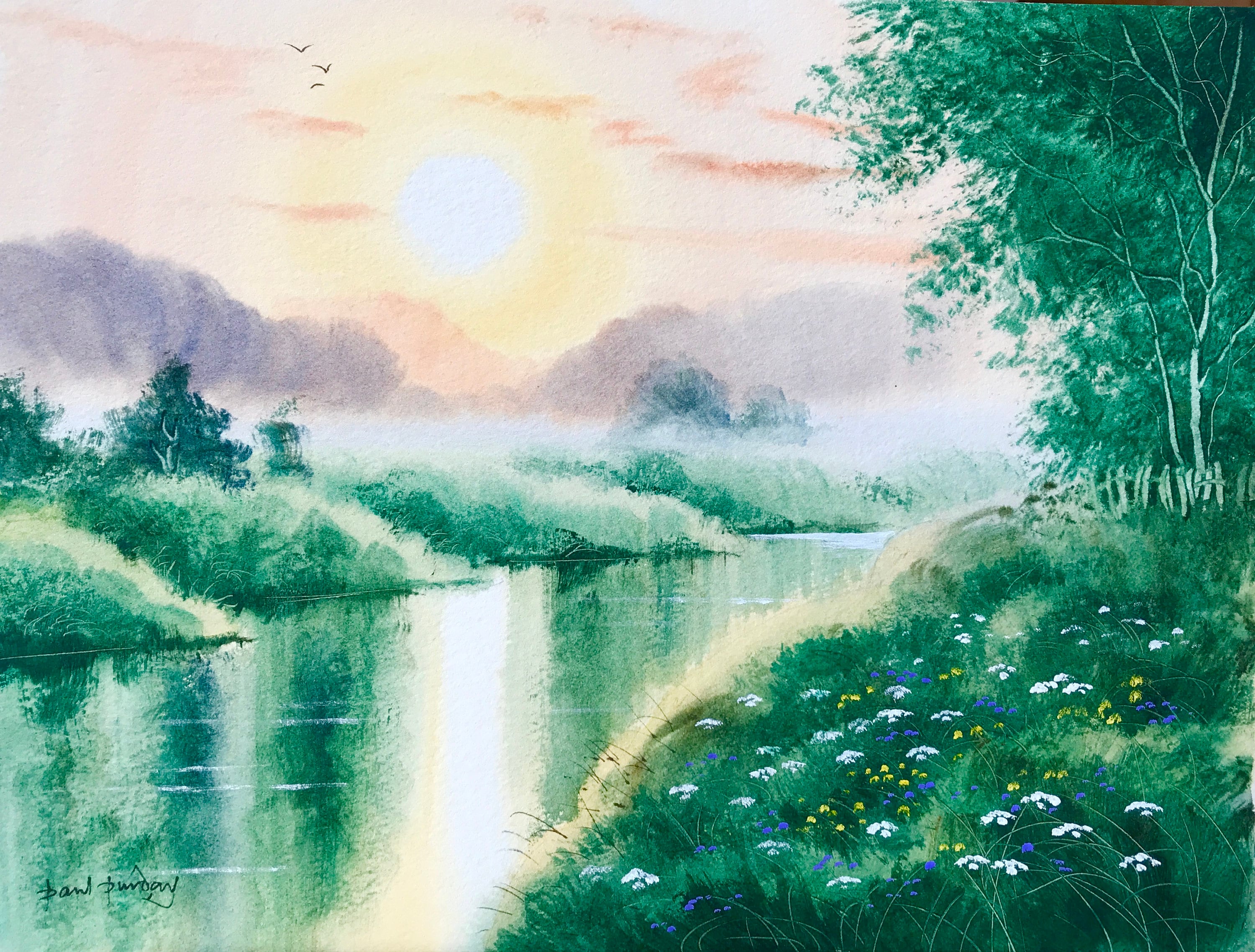 川の夕日、川の絵画、川の風景、水彩画、水景、川の反射、水彩風景