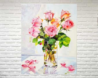 ピンクのバラの油絵、夏の花の静物画、60 x 45 cm - Etsy 日本