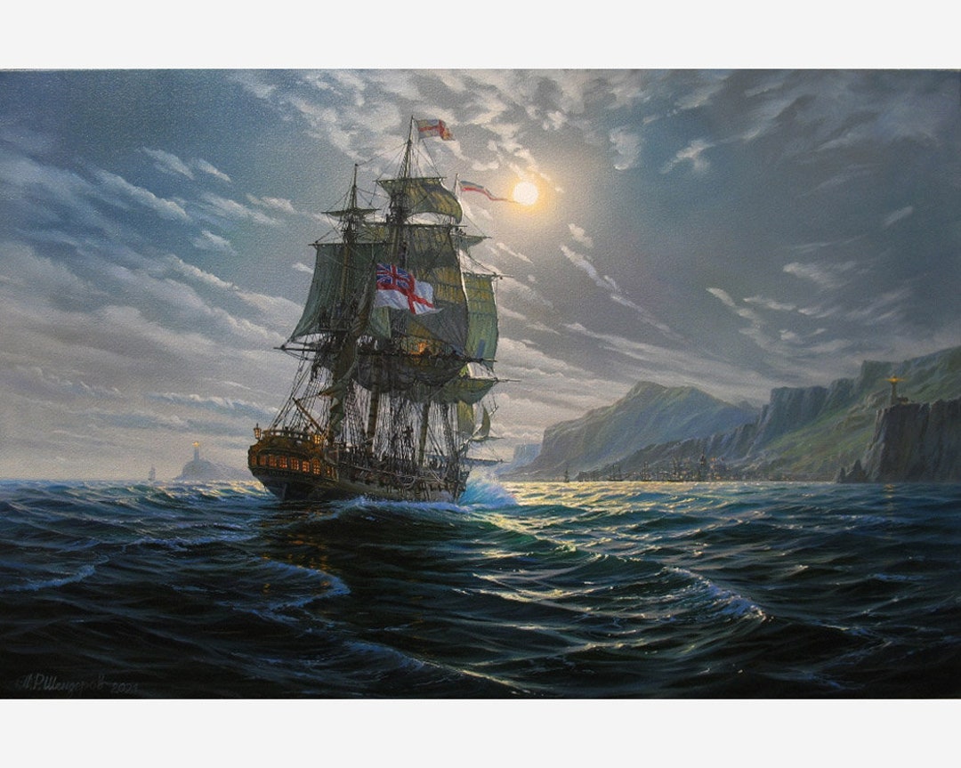 アレクサンダー・シェンデロフによるオリジナルの夜の海景油絵：帆船