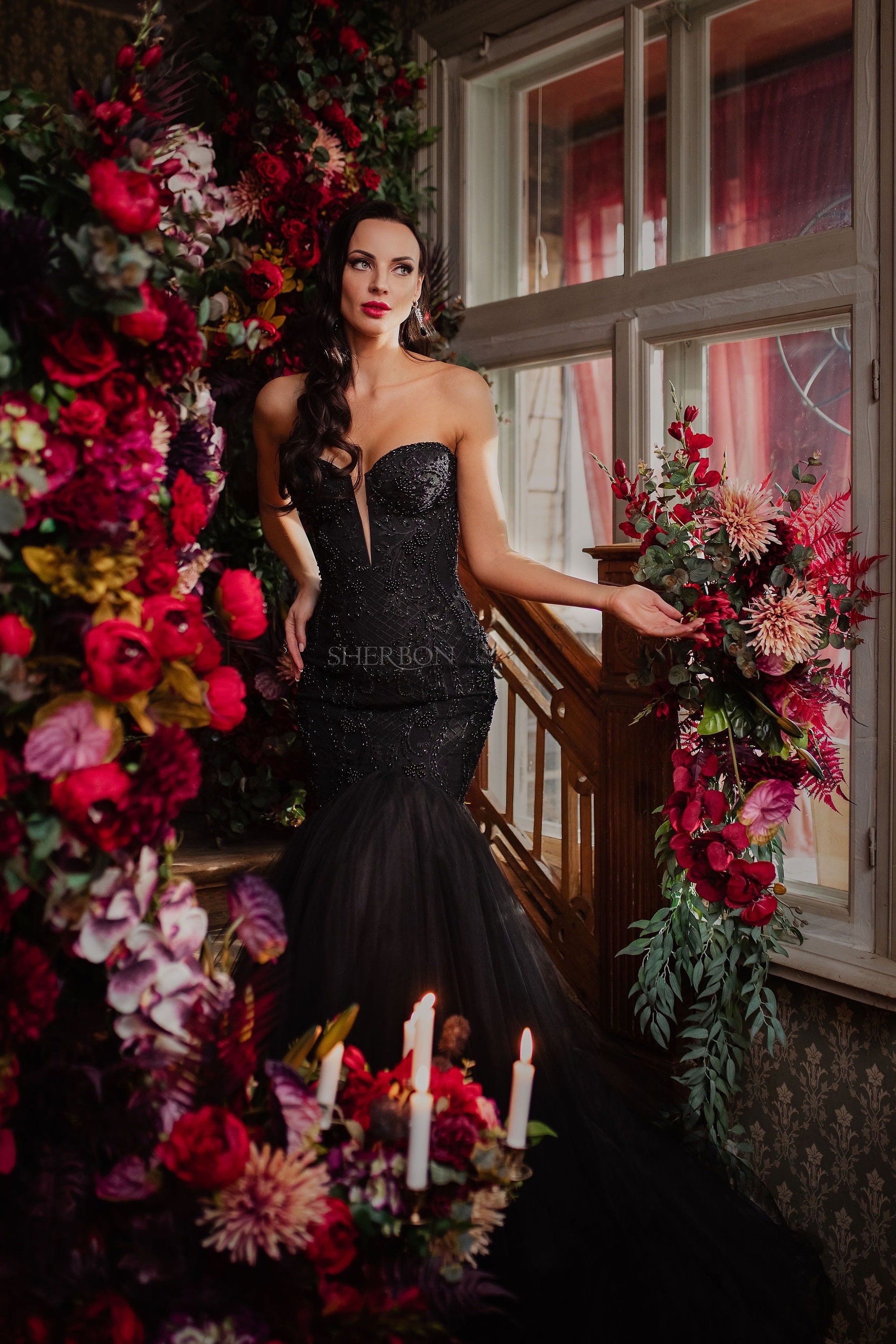 Black Gothic Beaded Lace Corset Tulle Mermaid Wedding Dress