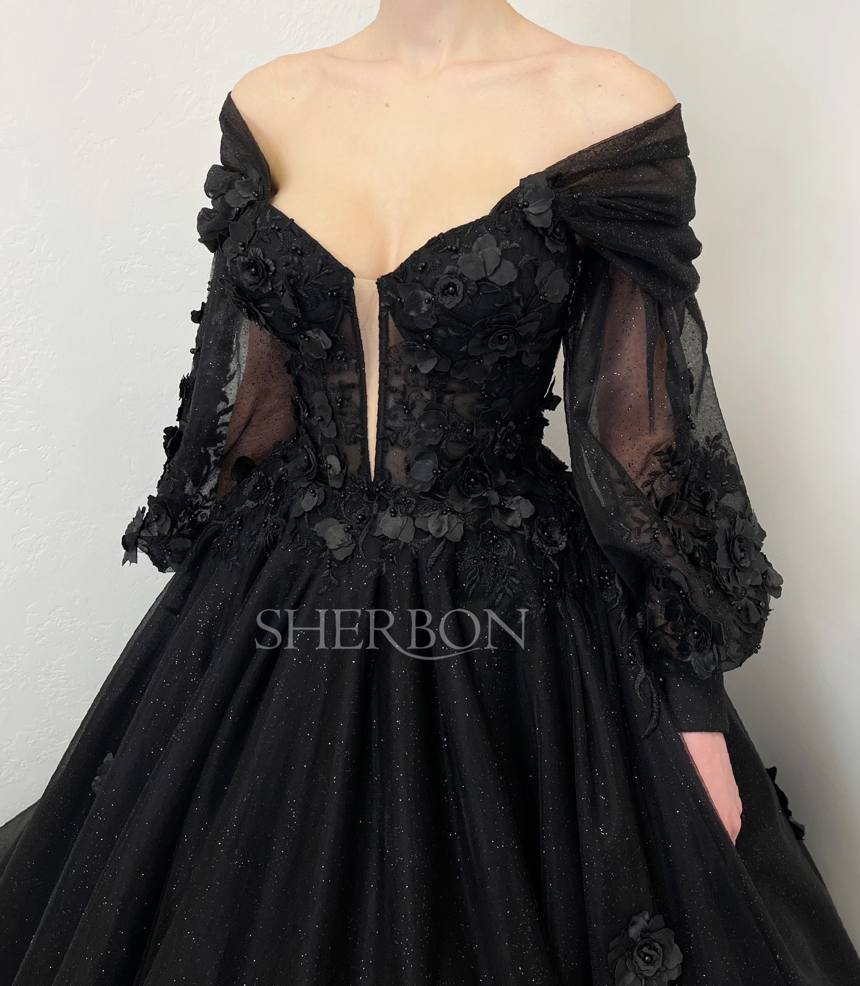 Black Floral Glitter Corset Wedding Dress With Bishop Sleeves, 3D