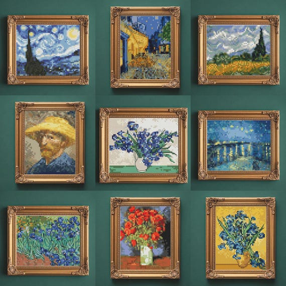 ローヌ川の星月夜クロスステッチパターン、ゴッホのミニアート刺繍