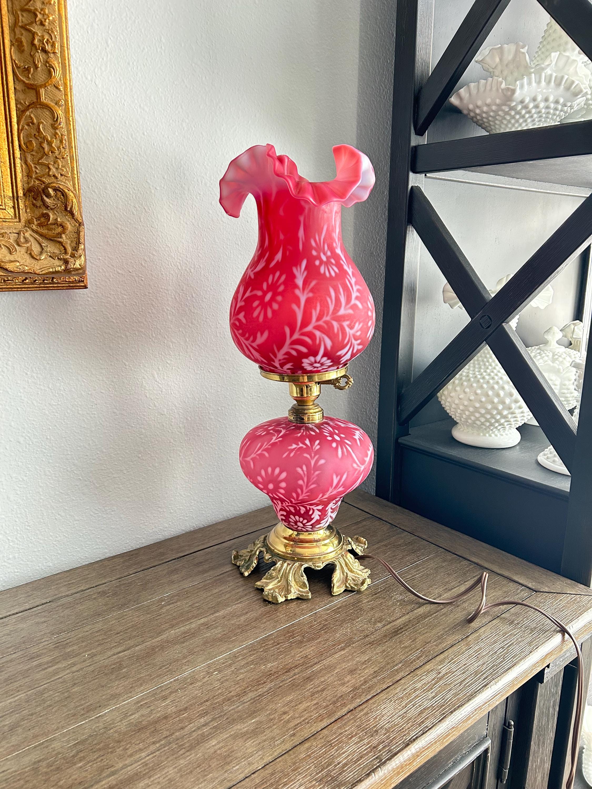 Fenton Cranberry Fern Daisies Opalescent Table Lamp ~ Made in