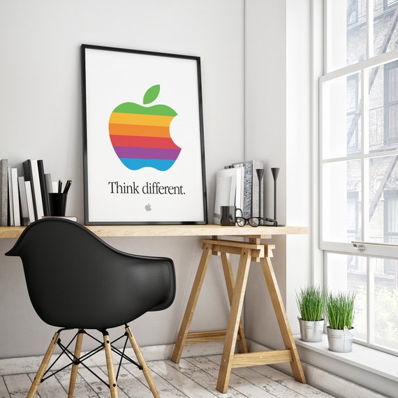 Retro Apple Think Different Poster: Rainbow Logo, Workspace Decor