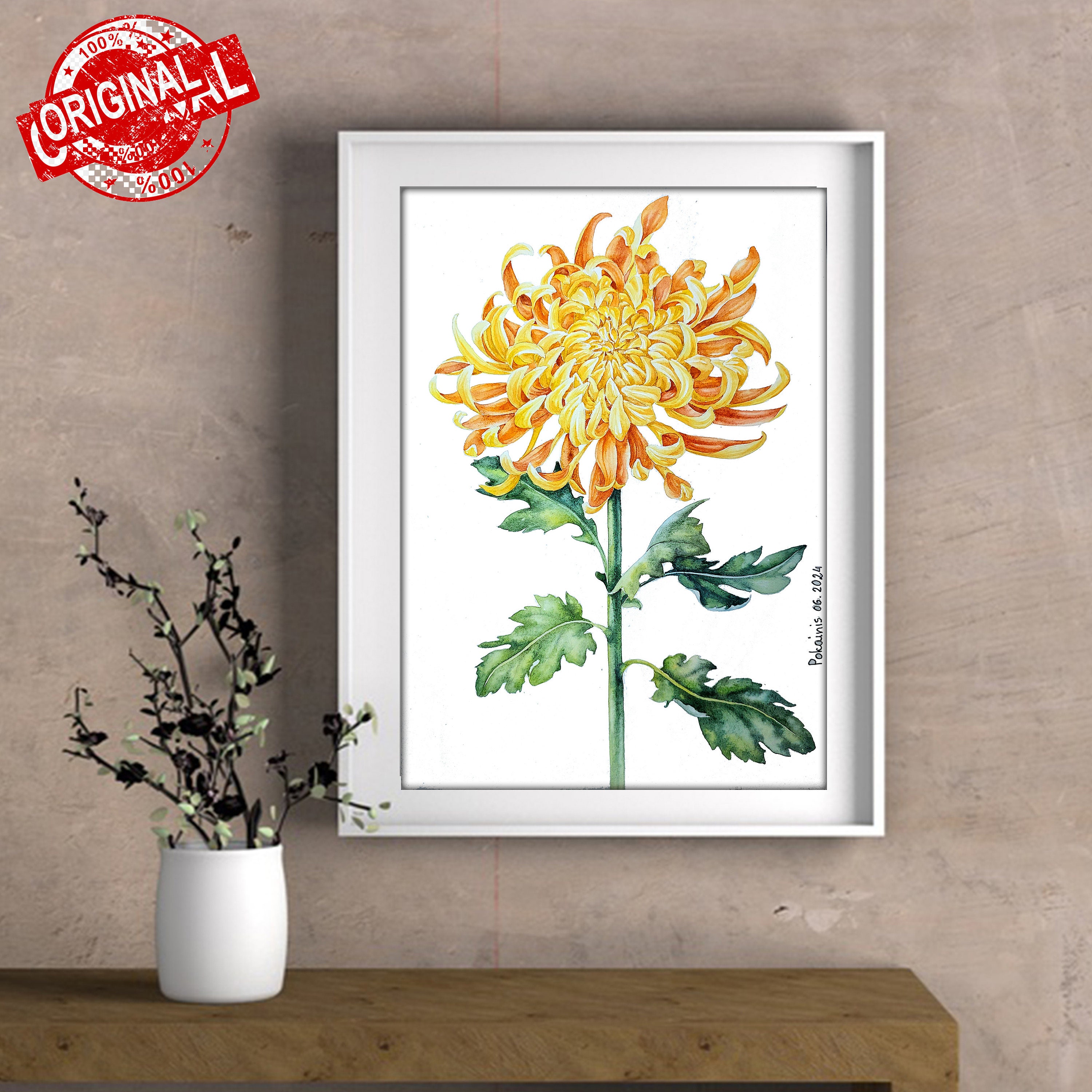 菊の絵画、オリジナルの花の水彩画、8x11 - Etsy 日本