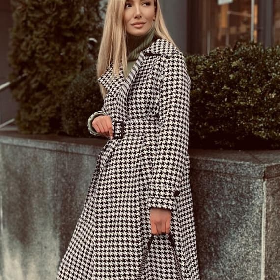 春/秋向けレディース向け千鳥格子ベルト付きウール混コート - Etsy 日本