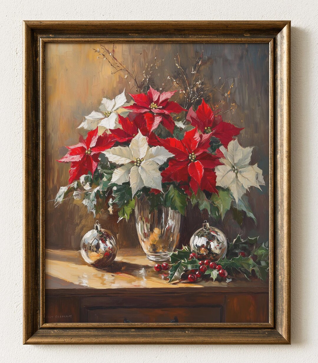 ヴィンテージクリスマスポインセチア絵画：お祝いの花の静物画