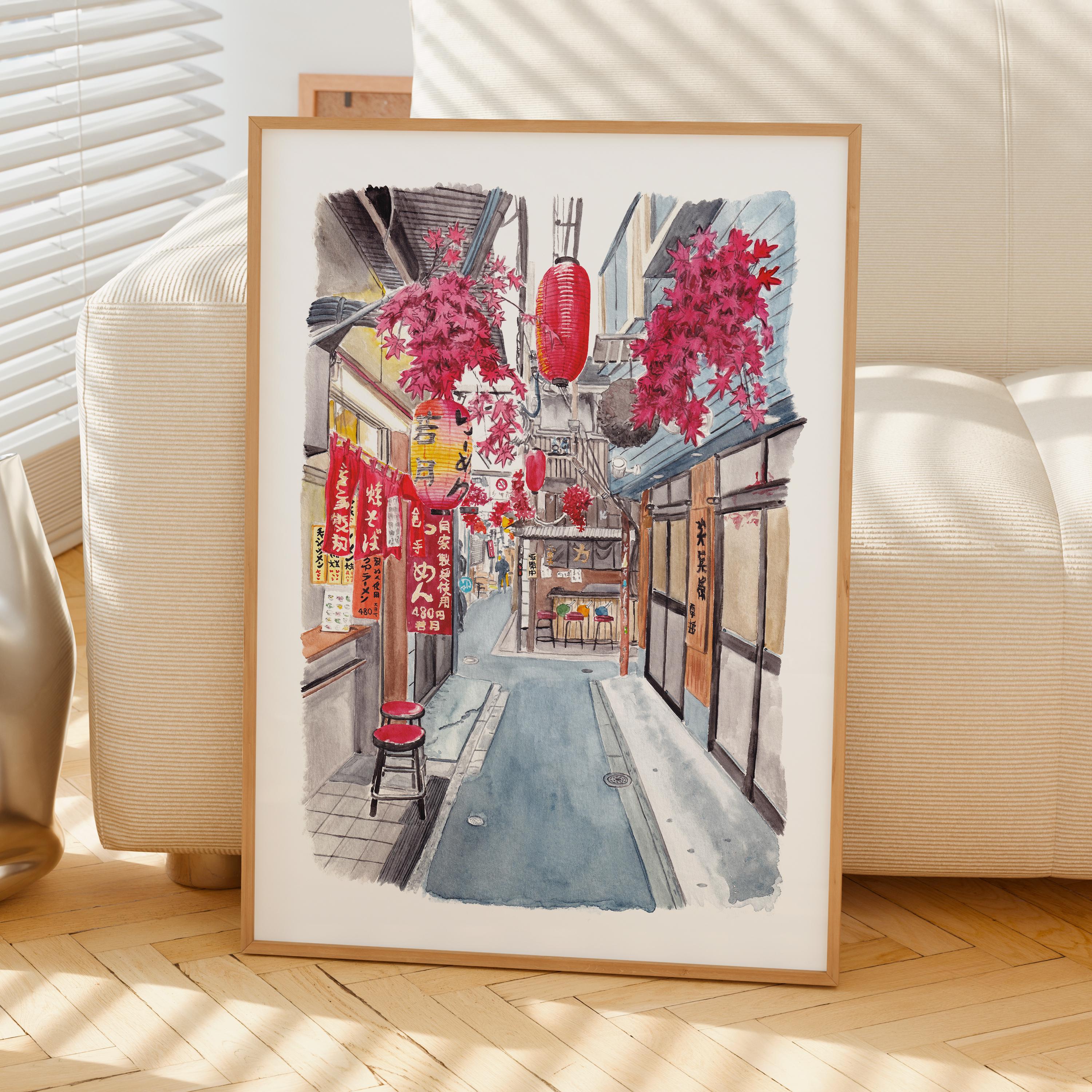 Shinjuku Alley Watercolor Print, Japan Wall Art, Tokyo Cityscape