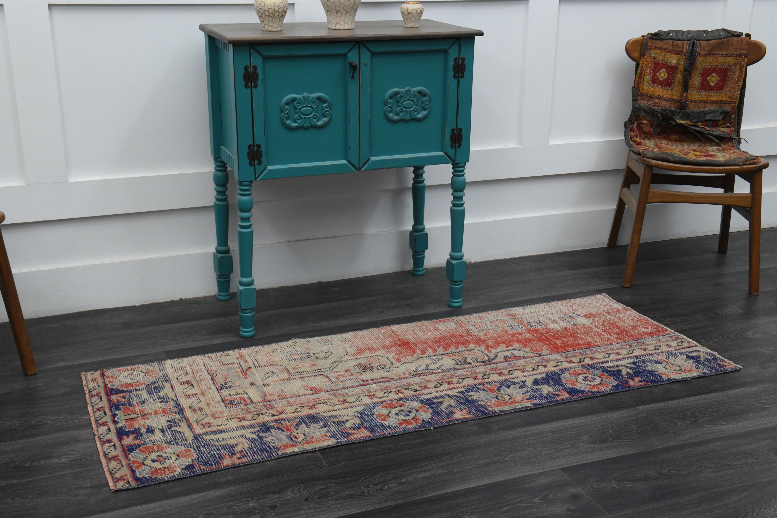 2x6 レッドベージュブルーヴィンテージトルコウシャクラグ、花柄