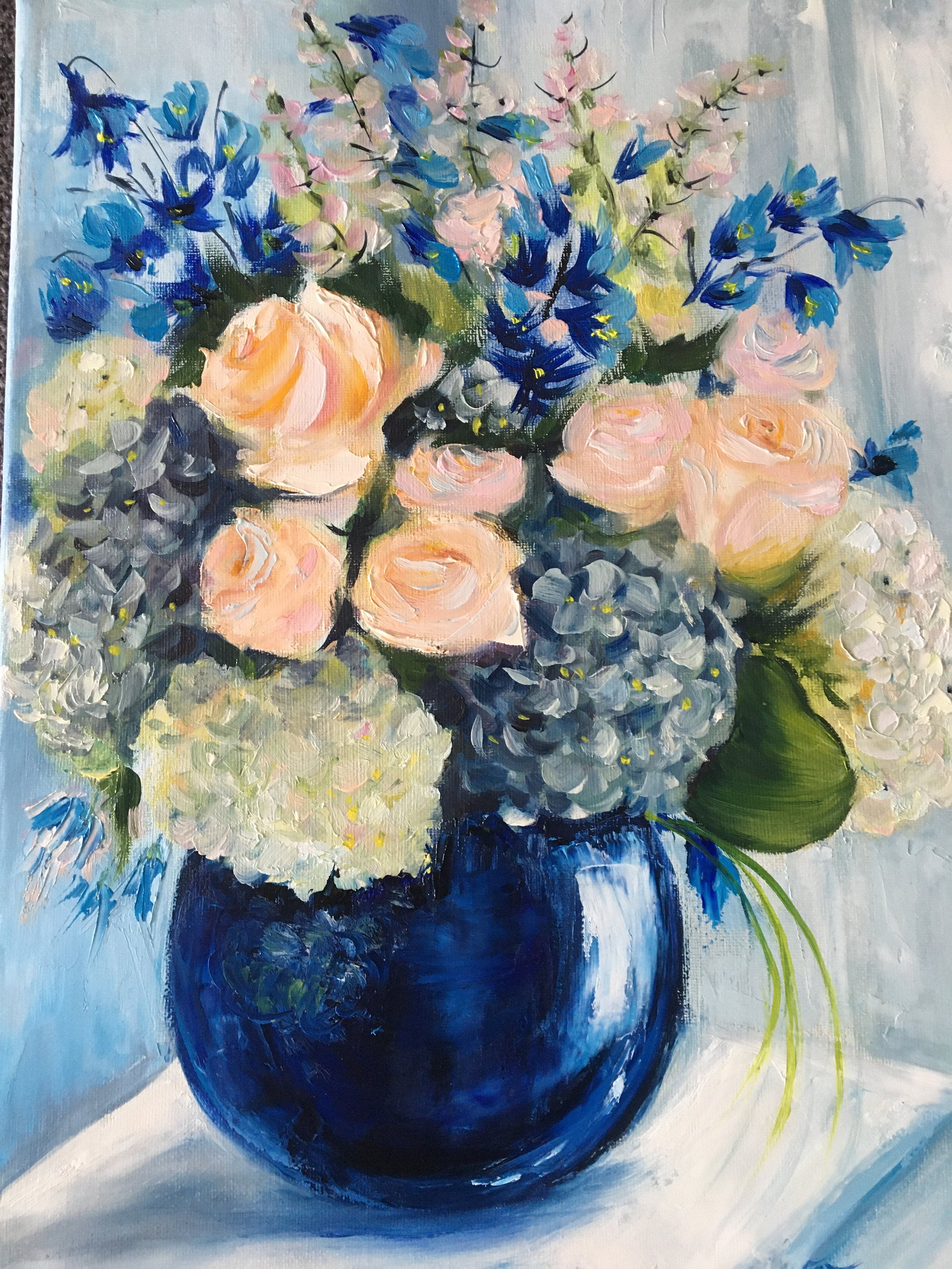 花の油絵：青い花瓶に入ったバラの花束、手作りのキャンバスアート、壁