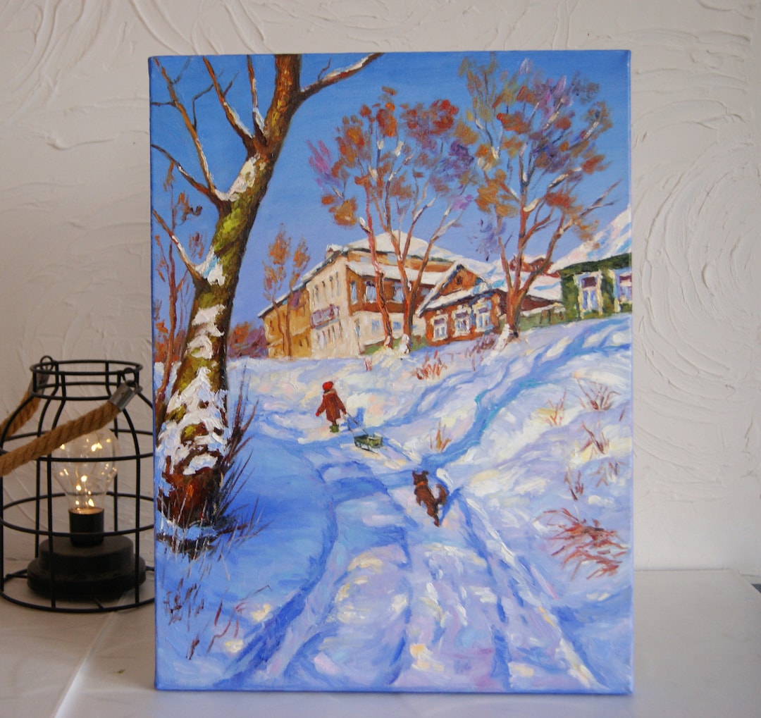 子供たちと冬の風景 オリジナル油絵 ロシアの風景 冬の印象派の風景 雪