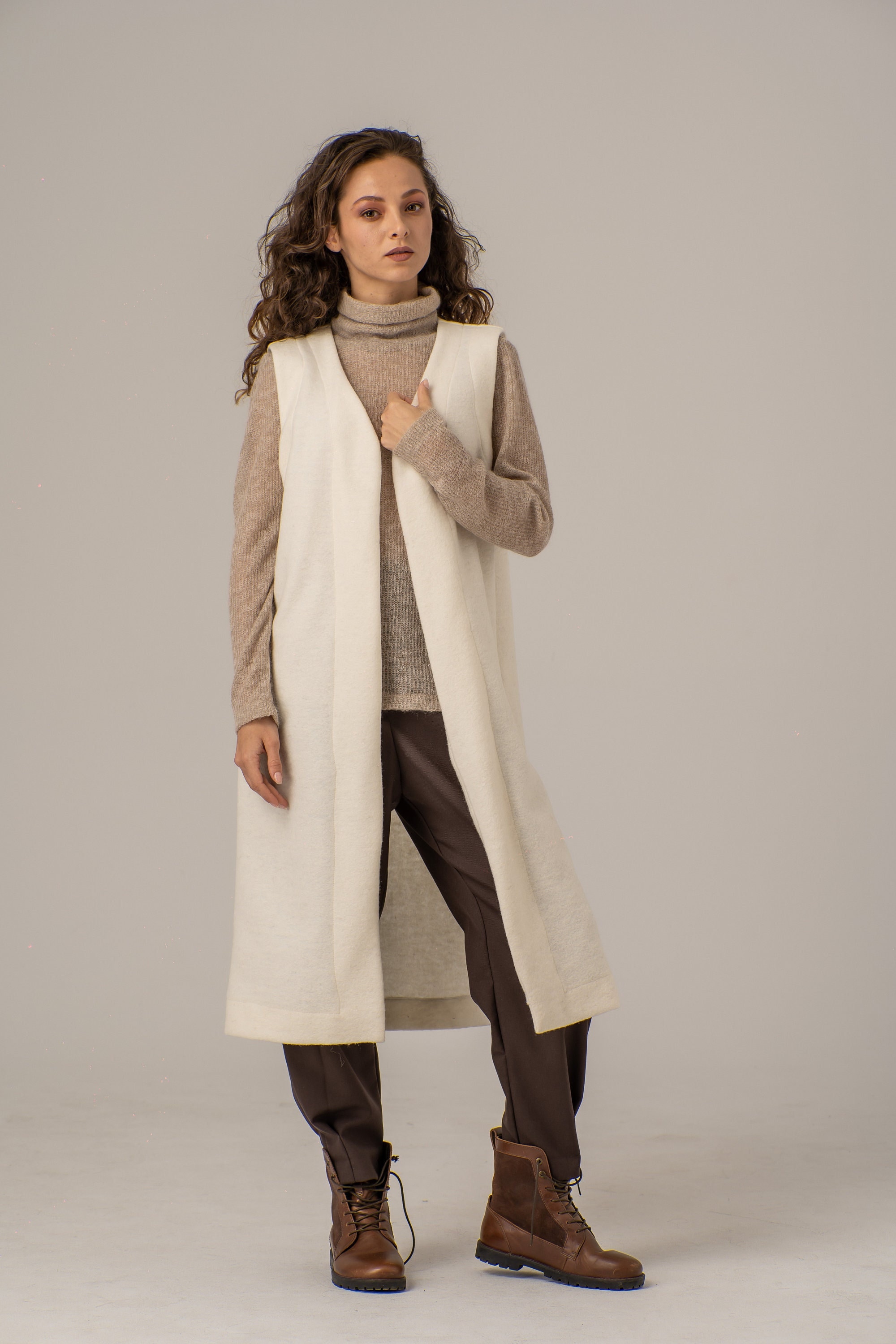 Boiled Wool Winter Vest, Long Ivory Cardigan Vest, Sleeveless