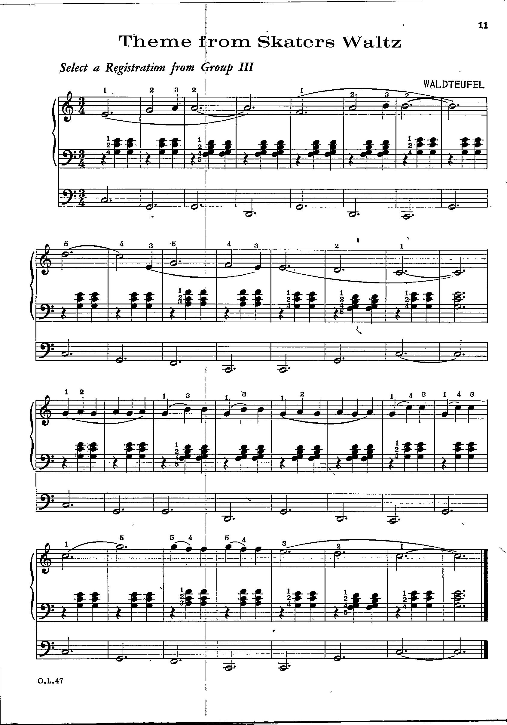 スケーターズワルツのテーマ デジタルプリント楽譜 ピアノまたは