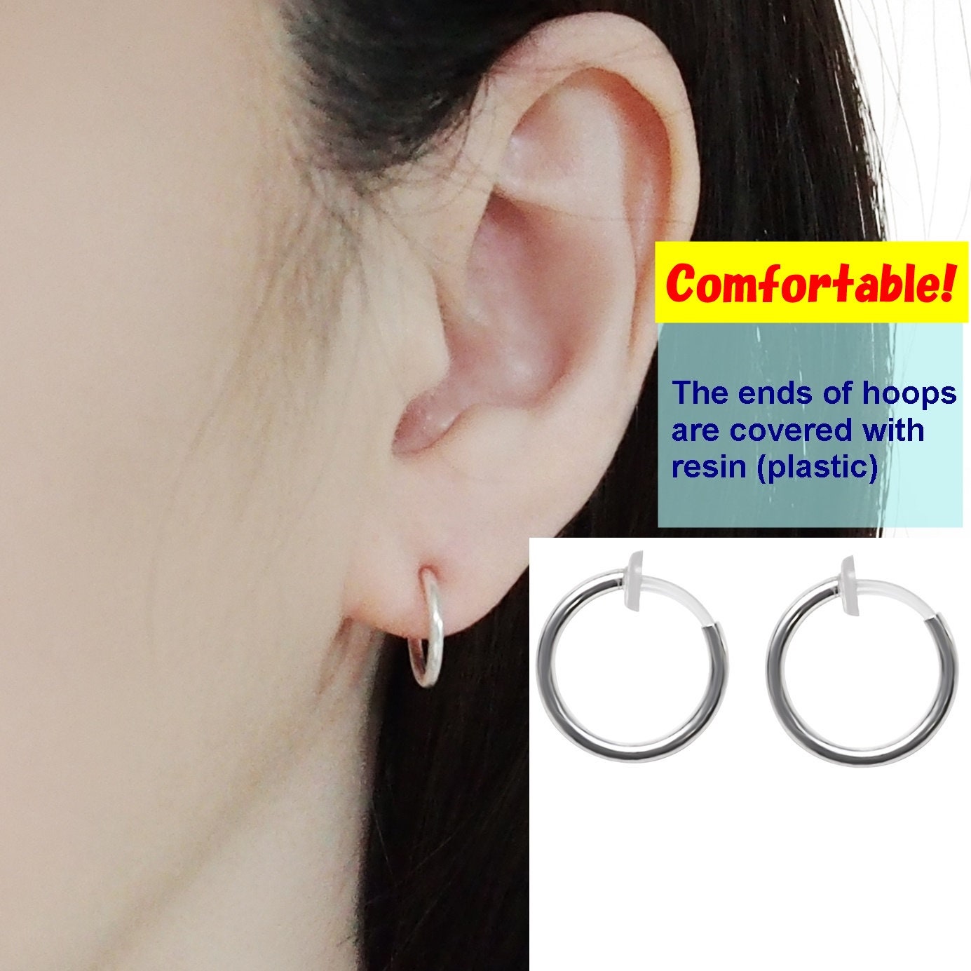 Comfortable Silver Plastic Invisible Clip-on Hoop Earrings, Men's