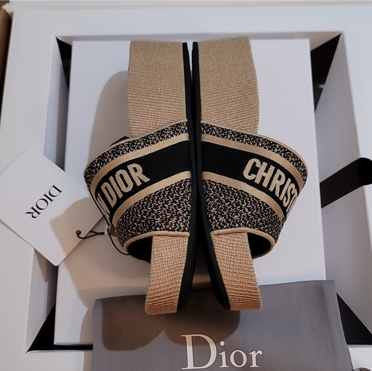 Dior Sandal Black & Creme Dway Wedge Mule Natural Canvas Size 40