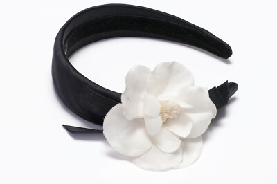 Vintage CHANEL Paris 1990's Black Satin White Camellia Bow Flower