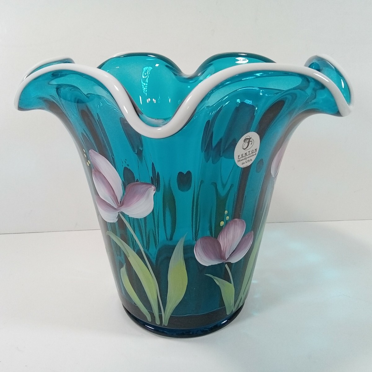 George Fenton Heirloom Optics Aqua Floral Vase Hand Painted Signed
