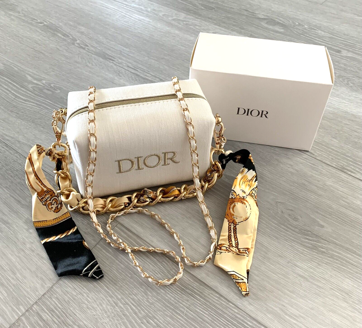 DIOR Denim Beige Makeup Pouch Bag Scarf Chain Crossbody Strap