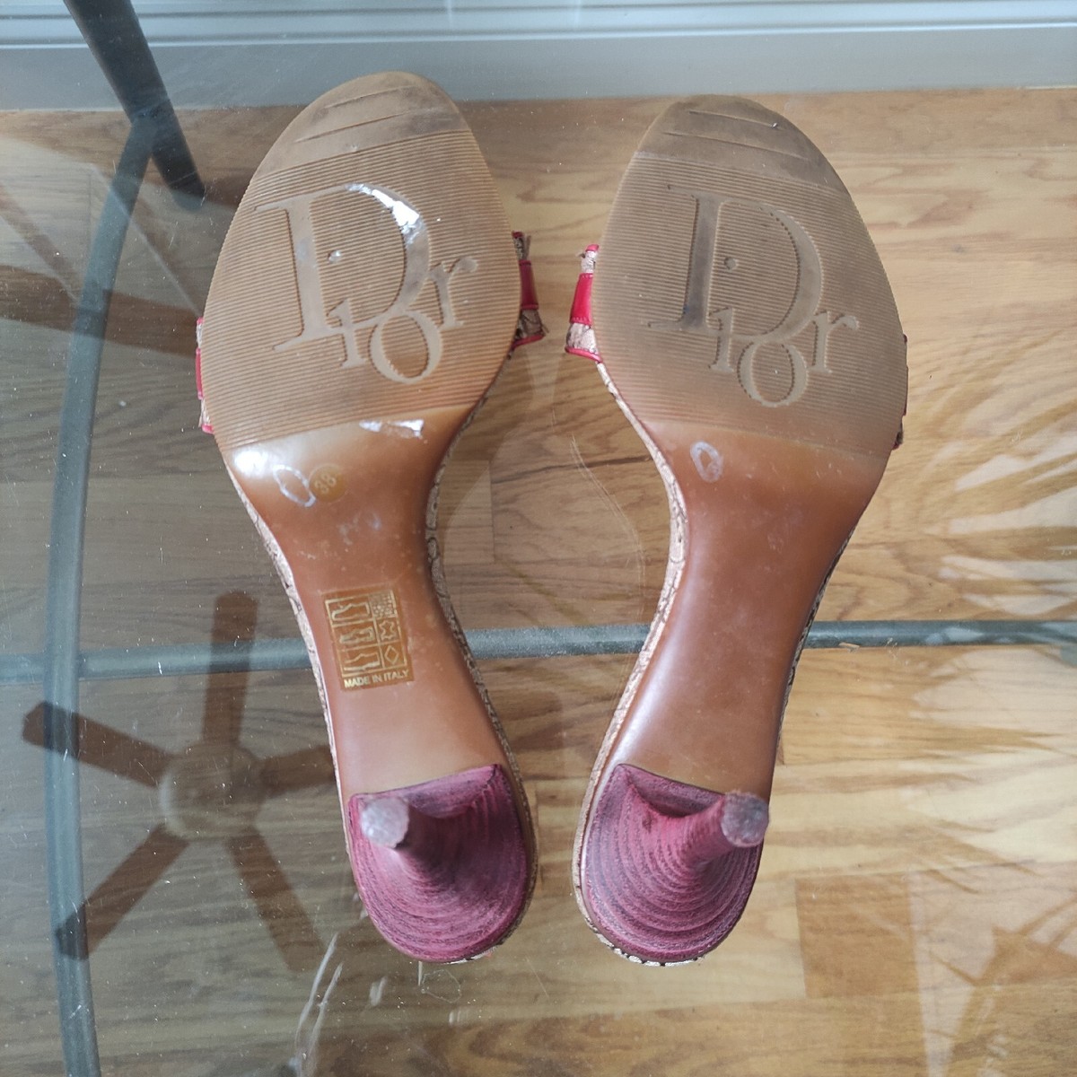 Vintage Dior Monogram Gold Logo Plate Slide Heeled Sandals women's