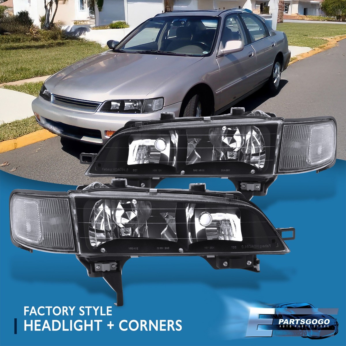 For 94-97 Honda Accord CD JDM Black Headlights + Clear Corner