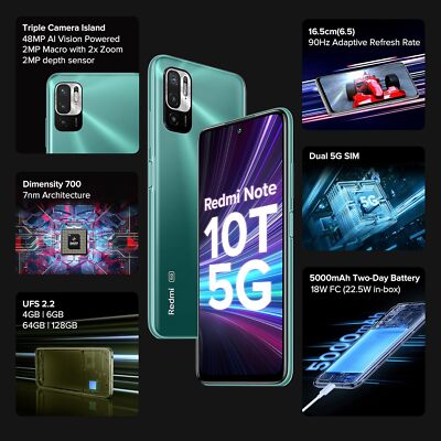 Redmi Note 10T 5G (Mint Green, 4GB RAM, 64GB Storage) | Dual5G