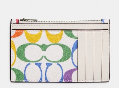 NWT Coach Zip Card Case Wallet In Rainbow Signature Canvas, Chalk