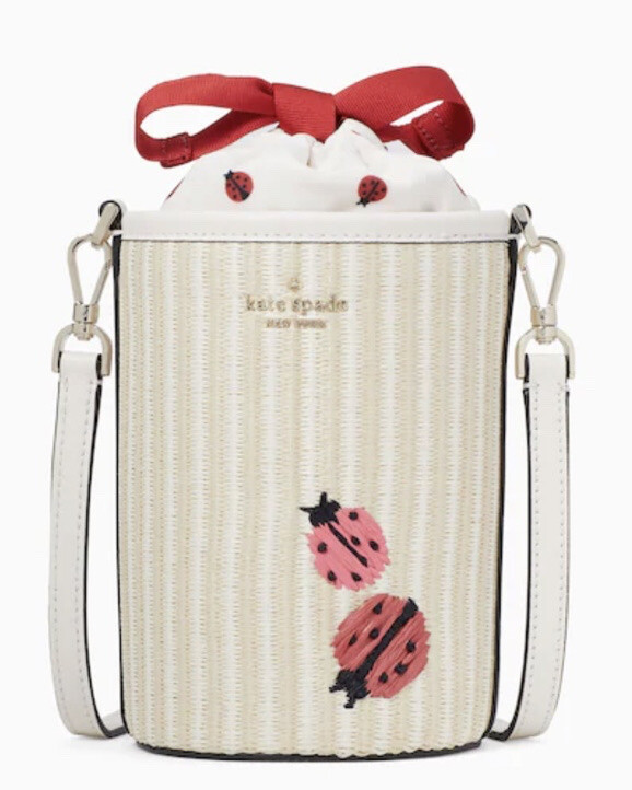 KATE SPADE DOTTIE EMBROIDERED STRAW LADYBUG CYLINDER CROSSBODY