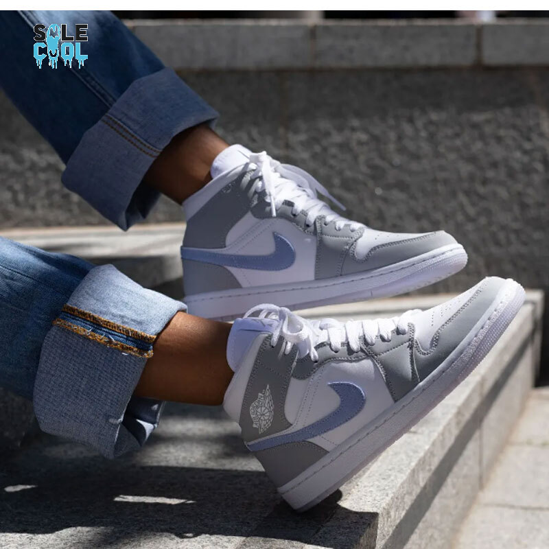 Nike Women's Air Jordan 1 AJ1 Mid Shoes White Wolf Grey Aluminum