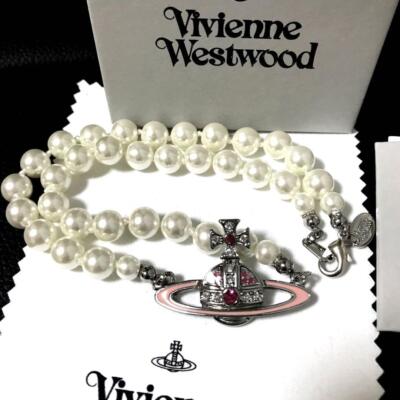 Vivienne Westwood Necklace Pearl Choker Silver Pink IN BOX [E2076