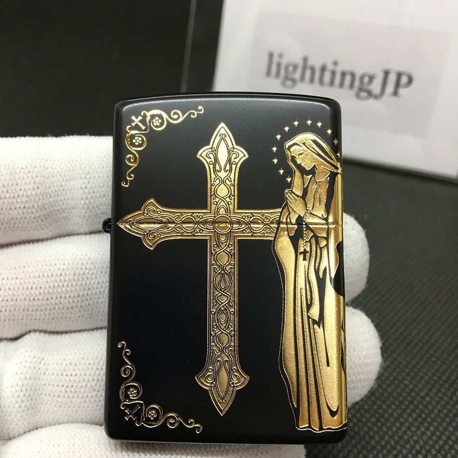 Zippo Virgin Mary Cross Maria Matte Black Gold 2 Sided Etching