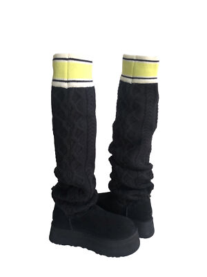UGG CLASSIC SWEATER LETTER TALL BLACK PLATFORM KNIT BOOT sz US 7