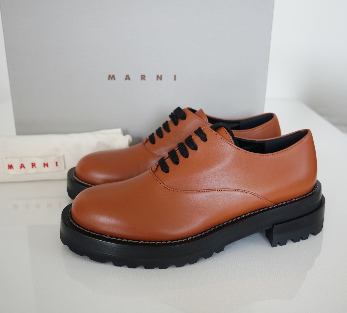 $870 🆕️ MARNI Brown LEATHER Lace-Up Platform OXFORD Women's