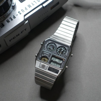 CITIZEN ANA-DIGI TEMP JG2101-78E Silver Watch 1980s Vintage