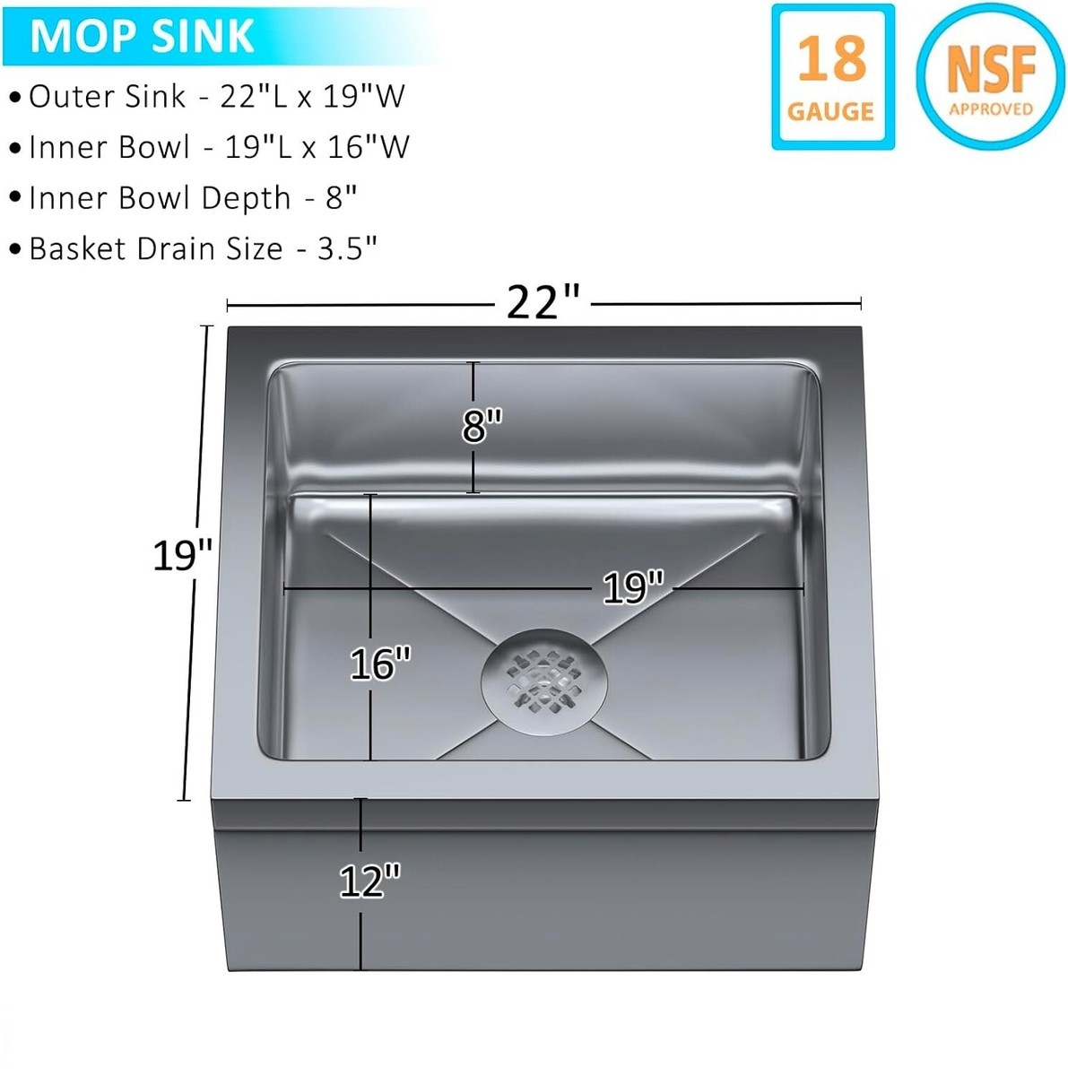 NSF Stainless Steel Floor Mop Sink - Commercial Utility Basin 19