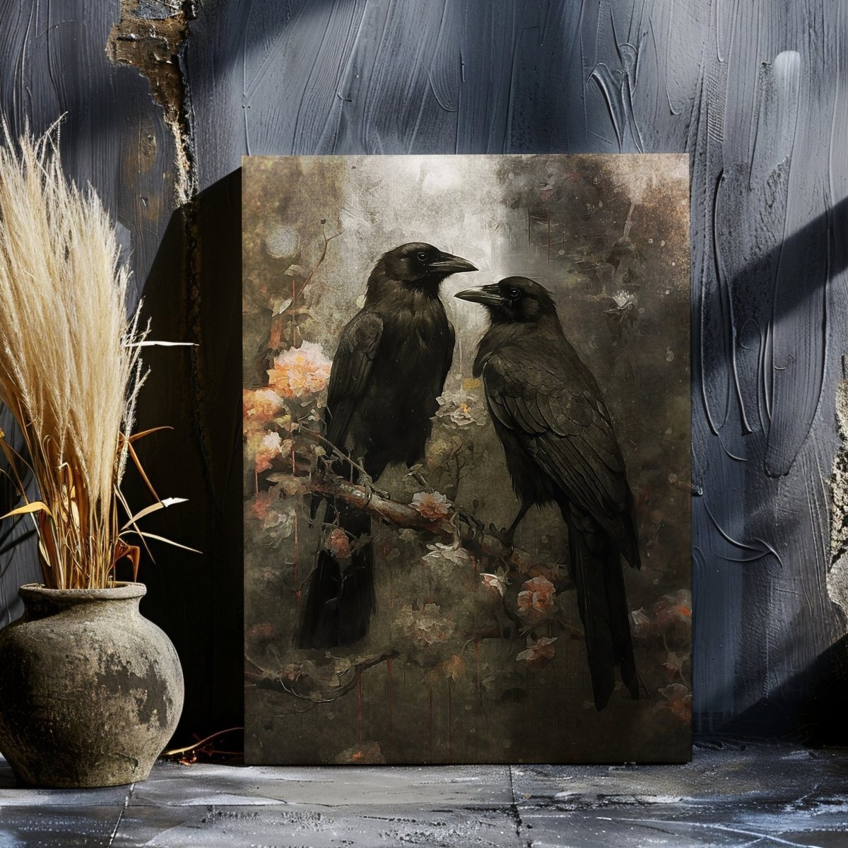 Two Ravens on a Branch with Blooming Flowers - Gothic Wall Art
