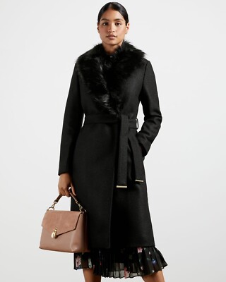 Ted Baker Corinna Black 100% Wool Faux Fur Collar Wrap Belted Coat