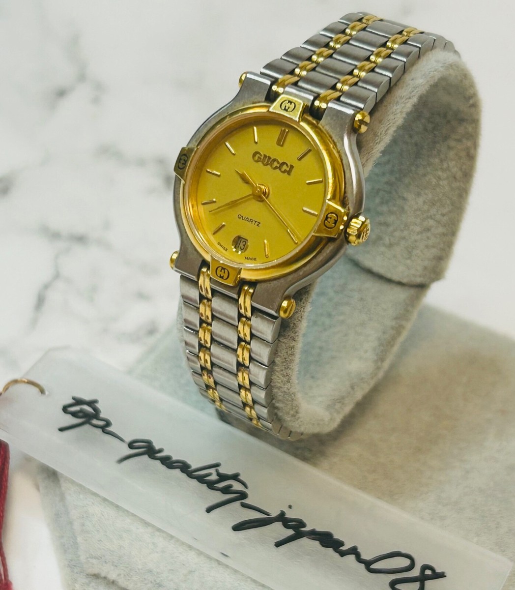 Auth GUCCI 9000L Gold Dial SILVER DATE VINTAGE SWISS MADE WATCH