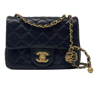 NWT 2022 CHANEL Black Mini Square Pearl Crush Gold Ball Lambskin
