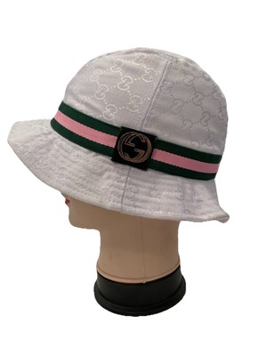 GUCCI Pink GG Monogram Bucket Hat w/ Green Stripe Logo Patch Made