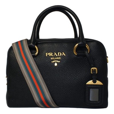 Prada Vitello Phenix Black Leather Web Stripe Crossbody Satchel