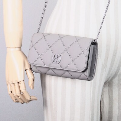 Tory Burch WILLA Matte Gray Quilted PU Chain Wallet Crossbody