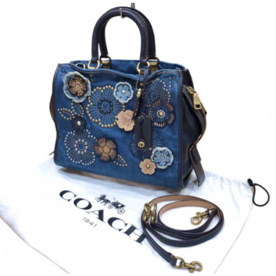 COACH Rogue Tea Rose Denim 2way Bag Embroidered Floral Top Handle