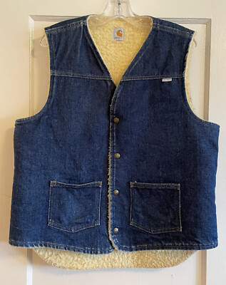 Vintage Carhartt Dark Blue Denim Vest Sherpa Lining Union Made